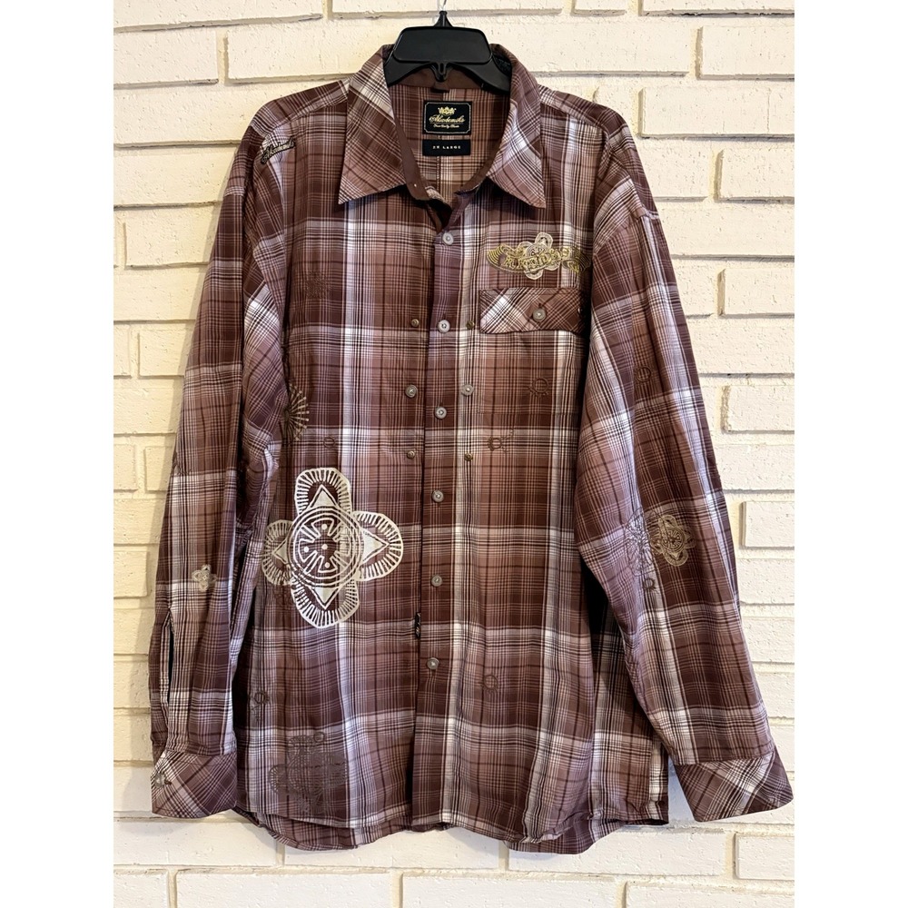 VTG Akademiks Men's 2XL Brown Plaid Button-Up‎ Shirt Y2K Hip-Hop Streetwear